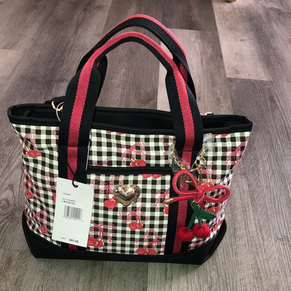 Luv Betsey Betsey Johnson Black & White Gingham & Red Cherry Print Tote Bag NWT - Picture 3 of 16
